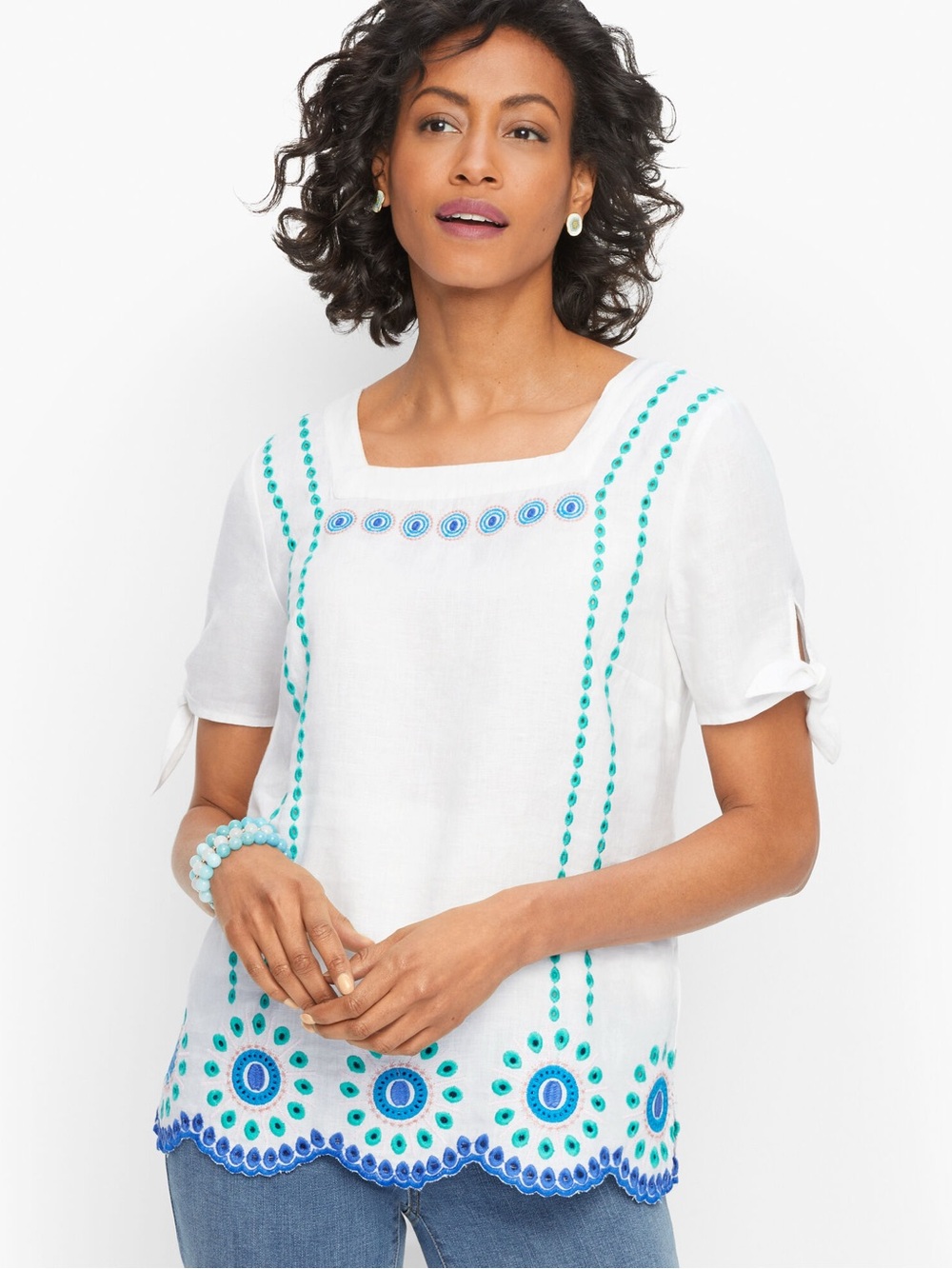 Talbots white linen blend embroidered eyelet tie sleeve square neck summer top L